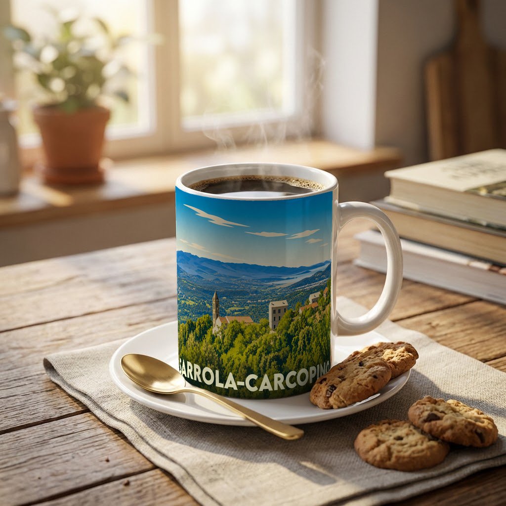 Mug souvenir de la ville de Sarrola-Carcopino orné d'une illustration paysagère stylisée.
