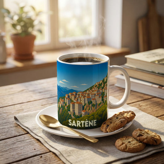 Mug souvenir de la ville de Sartène illustré par une vue panoramique stylisée du village corse.