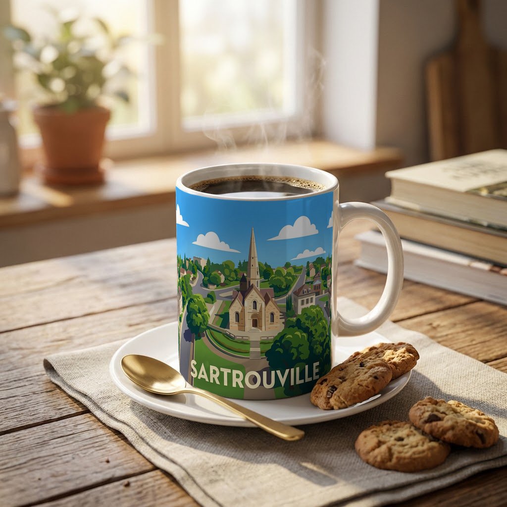 Mug souvenir de la ville de Sartrouville avec une illustration colorée et stylisée.