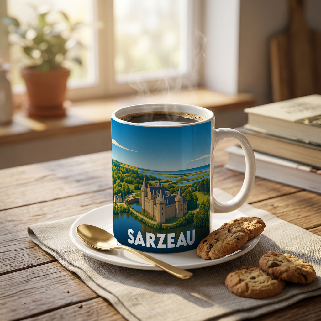 Mug souvenir de la ville de Sarzeau orné d'une illustration stylisée du château de Suscinio.
