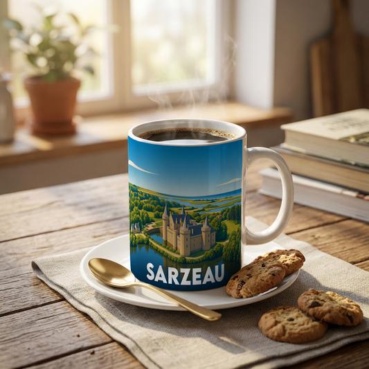 Mug souvenir de la ville de Sarzeau orné d'une illustration stylisée du château de Suscinio.