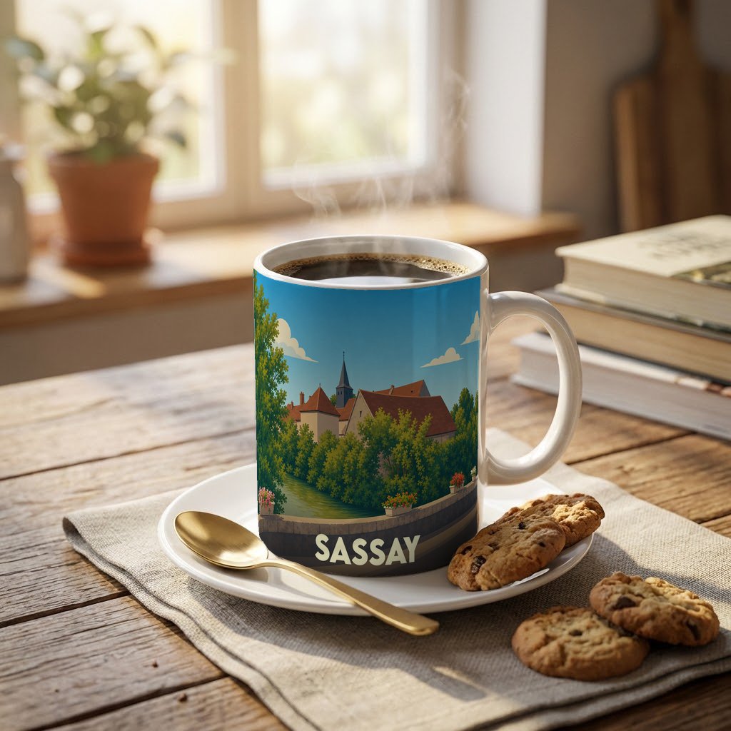 Mug souvenir de la ville de Sassay avec une illustration stylisée d'un paysage urbain au bord de l'eau.