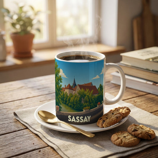 Mug souvenir de la ville de Sassay avec une illustration stylisée d'un paysage urbain au bord de l'eau.