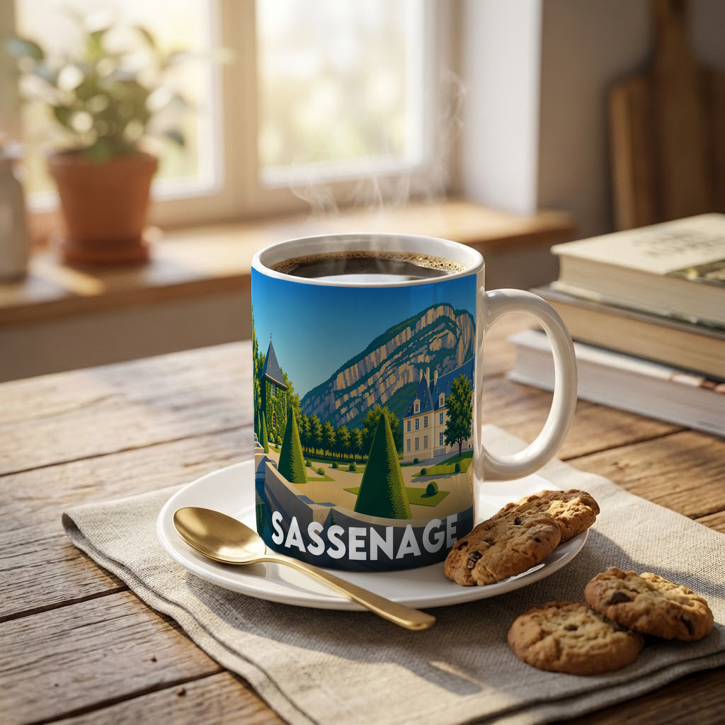 Mug souvenir de la ville de Sassenage avec une illustration stylisée.