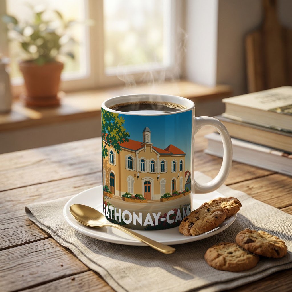 Mug souvenir de la ville de Sathonay-Camp avec une illustration stylisée de son hôtel de ville.