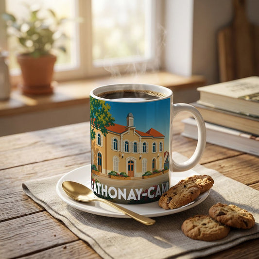 Mug souvenir de la ville de Sathonay-Camp avec une illustration stylisée de son hôtel de ville.