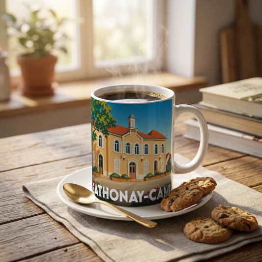 Mug souvenir de la ville de Sathonay-Camp avec une illustration stylisée de son hôtel de ville.