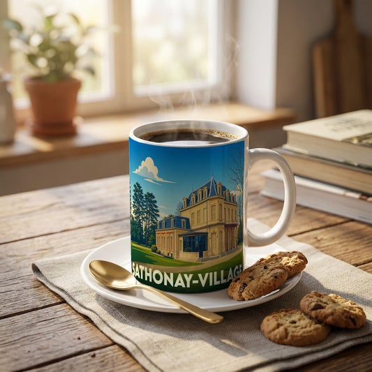 Mug souvenir de la ville de Sathonay-Village orné d'une illustration stylisée de son château.
