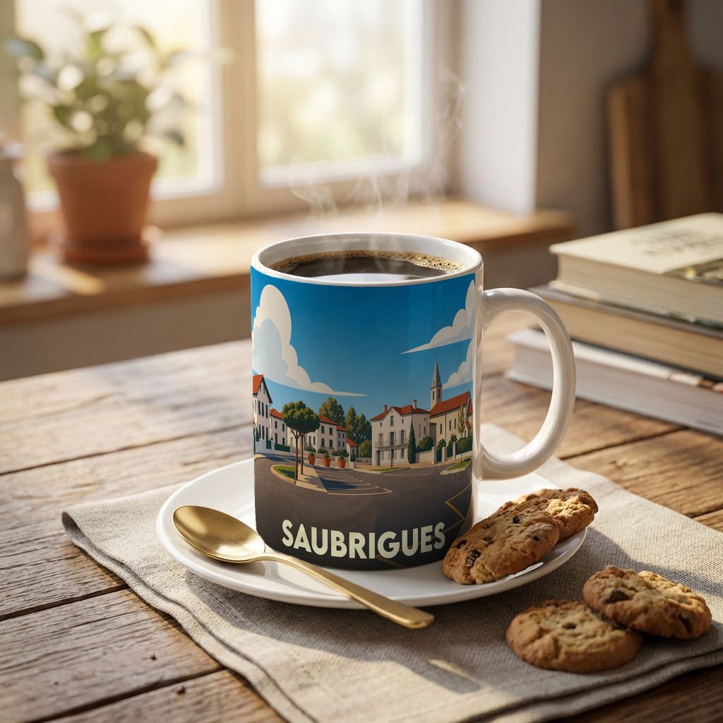 Mug souvenir de la ville de Saubrigues avec une illustration stylisée.
