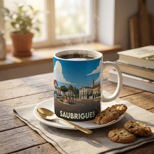 Mug souvenir de la ville de Saubrigues avec une illustration stylisée.