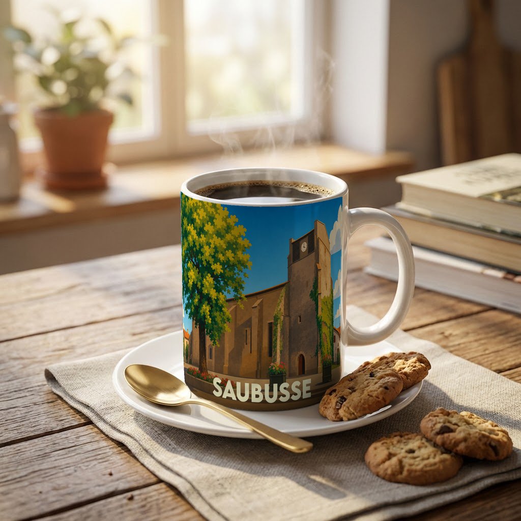 Mug souvenir de la ville de Saubusse orné d'une illustration stylisée de son église et d'un arbre.