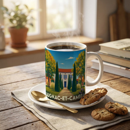Mug souvenir de la ville de Saugnac-et-Cambran avec une illustration stylisée d'une demeure landaise.