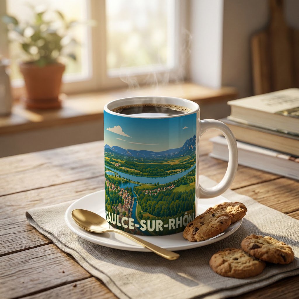 Mug souvenir de la ville de Saulce-sur-Rhône orné d'une illustration paysagère stylisée.