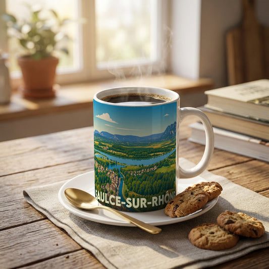 Mug souvenir de la ville de Saulce-sur-Rhône orné d'une illustration paysagère stylisée.