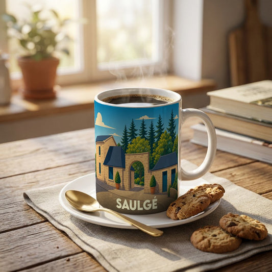 Mug souvenir de la ville de Saulgé avec une illustration stylisée de bâtiments en pierre et de sapins.