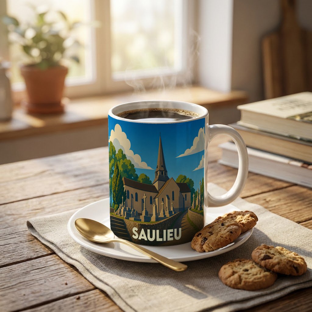 Mug souvenir de la ville de Saulieu arborant une illustration stylisée de son église et de son paysage.