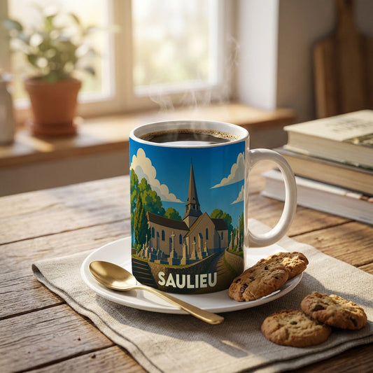 Mug souvenir de la ville de Saulieu arborant une illustration stylisée de son église et de son paysage.