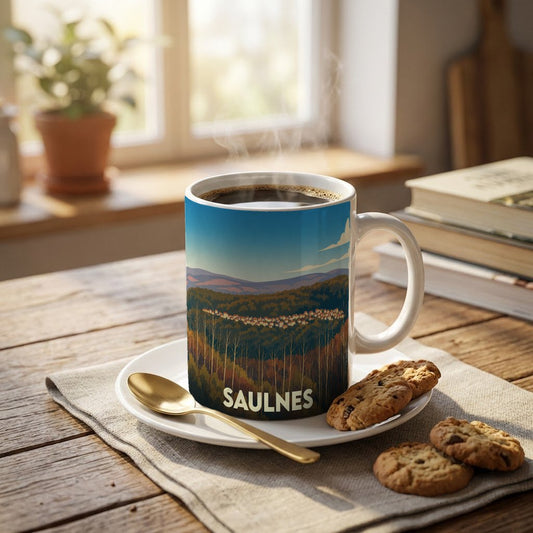 Mug souvenir de la ville de Saulnes avec une illustration stylisée de son paysage vallonné.