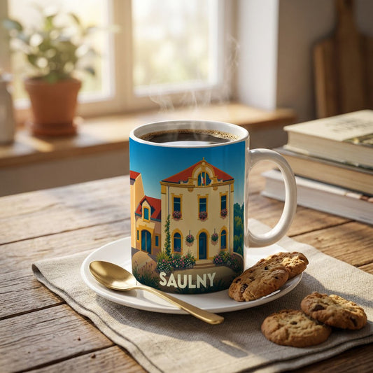 Mug souvenir de la ville de Saulny orné d'une illustration stylisée de son hôtel de ville.