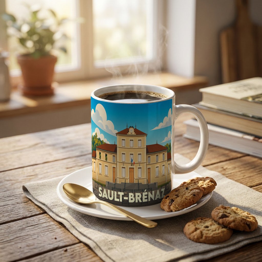 Mug souvenir de la ville de Sault-Brénaz illustré d'un dessin stylisé de son hôtel de ville.