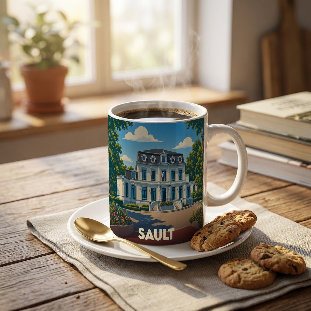 Mug souvenir de la ville de Sault orné d'une illustration stylisée représentant une demeure élégante.