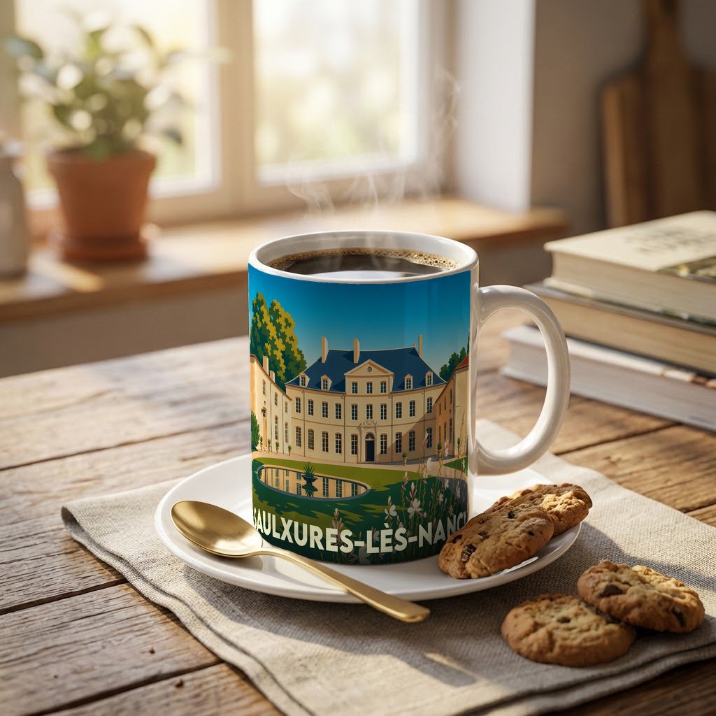 Mug souvenir de la ville de Saulxures-lès-Nancy illustré par son château et son parc.