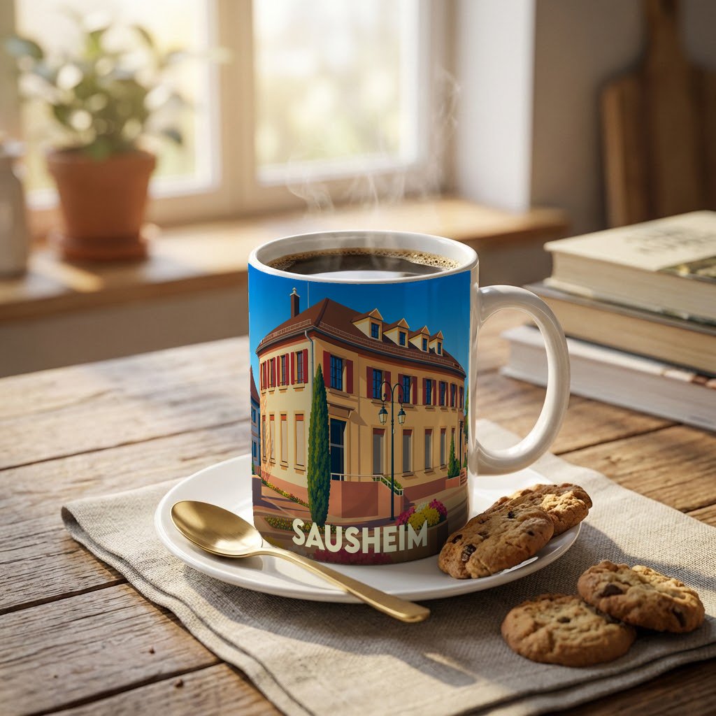 Mug souvenir de la ville de Sausheim avec une illustration stylisée d'un bâtiment typique.