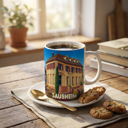 Mug souvenir de la ville de Sausheim avec une illustration stylisée d'un bâtiment typique.