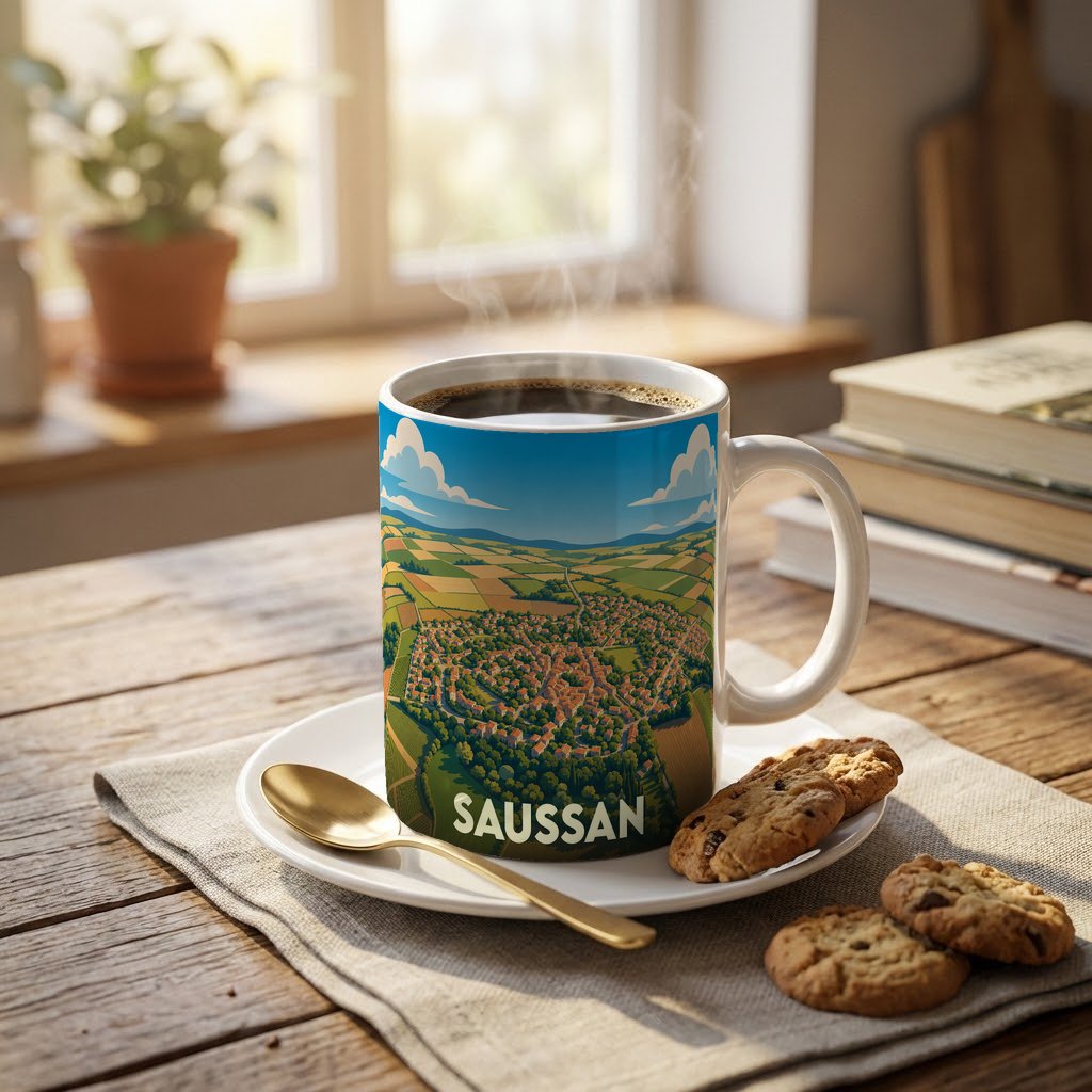 Mug souvenir de la ville de Saussan avec une illustration panoramique stylisée du village.
