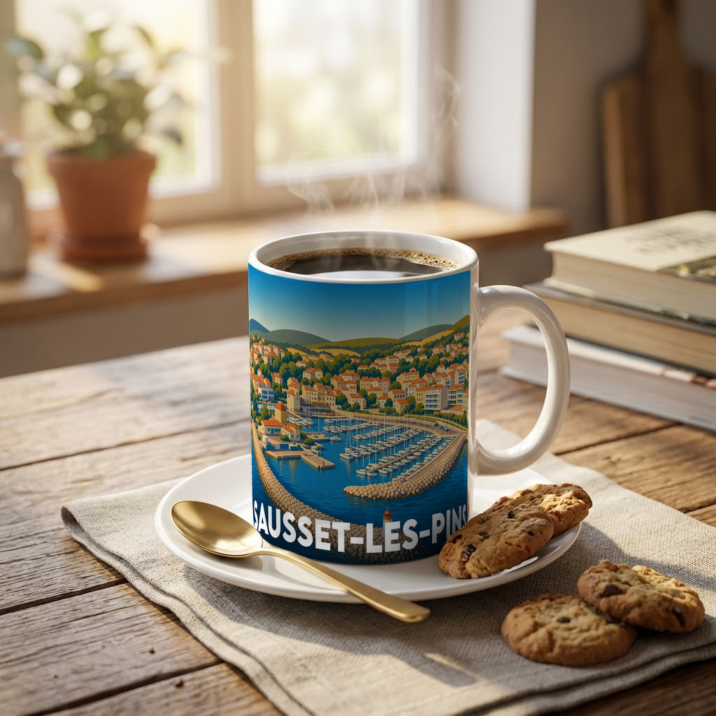 Mug souvenir de la ville de Sausset-les-Pins illustré d'une vue stylisée du port.