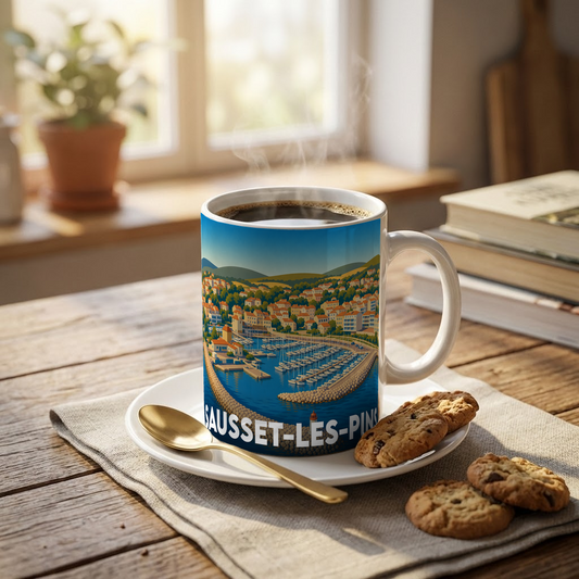 Mug souvenir de la ville de Sausset-les-Pins illustré d'une vue stylisée du port.