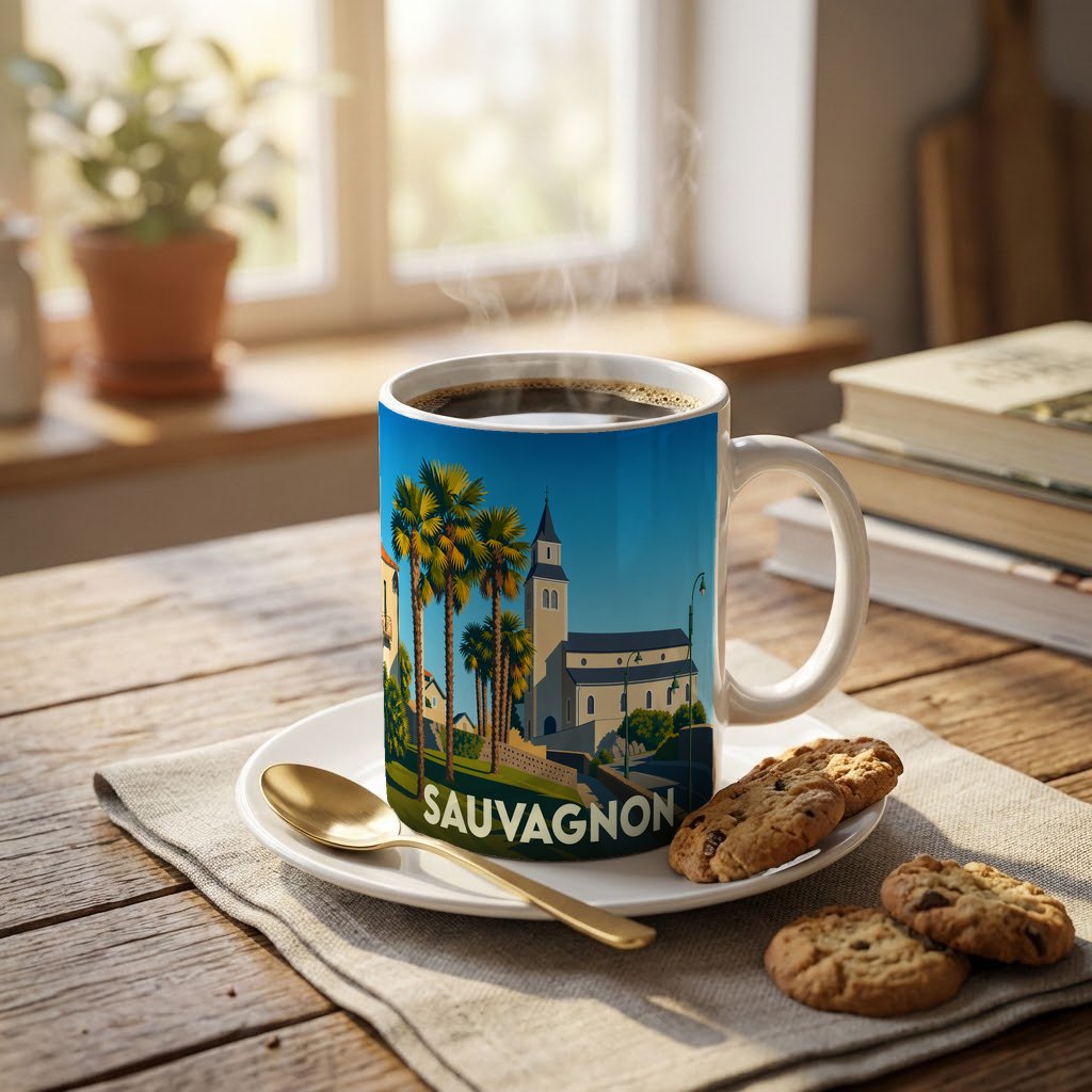 Mug souvenir de la ville de Sauvagnon orné d'une illustration stylisée de son église et de palmiers.