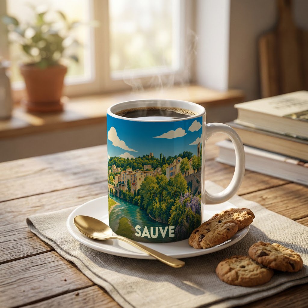 Mug souvenir de la ville de Sauve avec une illustration colorée des bords du Vidourle.