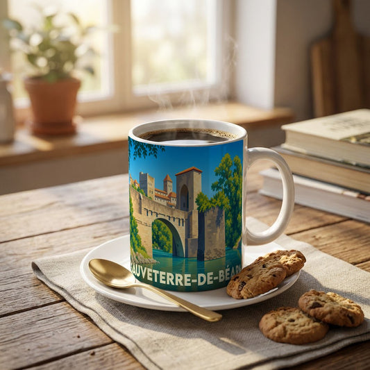 Mug souvenir de Sauveterre-de-Béarn illustré par son célèbre pont fortifié.