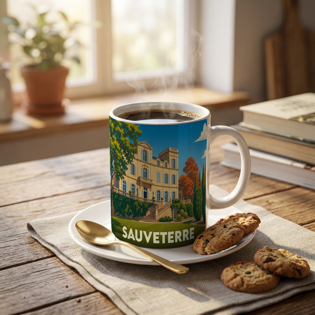 Mug souvenir de la ville de Sauveterre avec une illustration colorée d'un château.