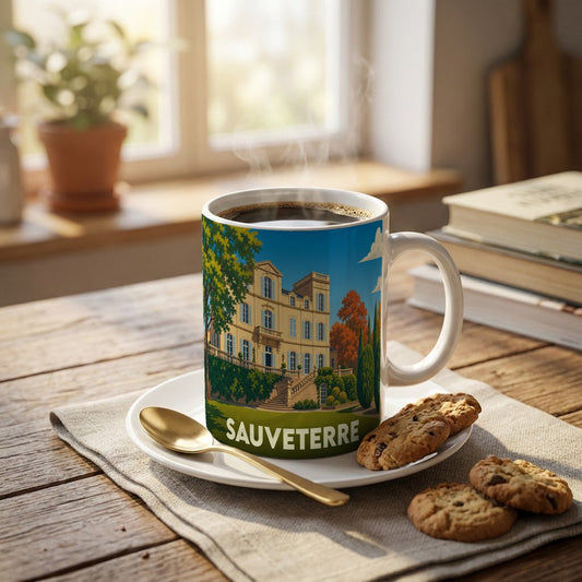 Mug souvenir de la ville de Sauveterre avec une illustration colorée d'un château.