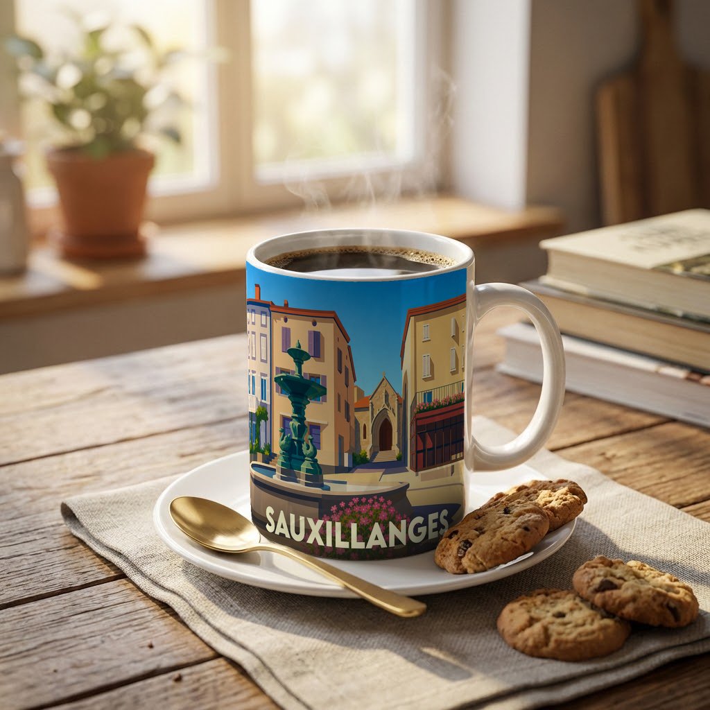 Mug souvenir de la ville de Sauxillanges avec une illustration stylisée représentant une place animée et sa fontaine.