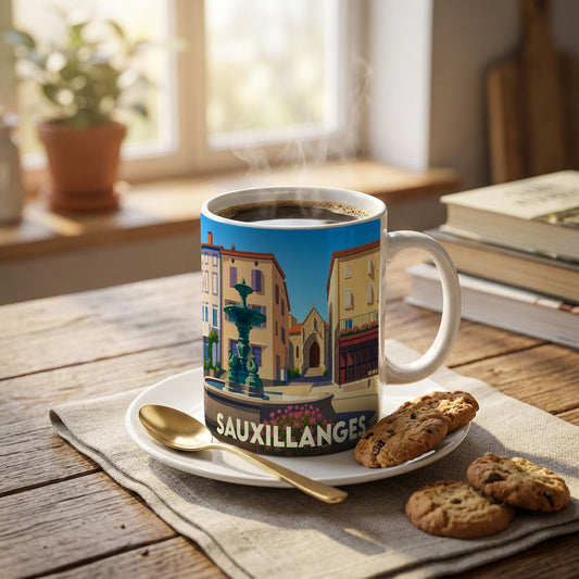 Mug souvenir de la ville de Sauxillanges avec une illustration stylisée représentant une place animée et sa fontaine.