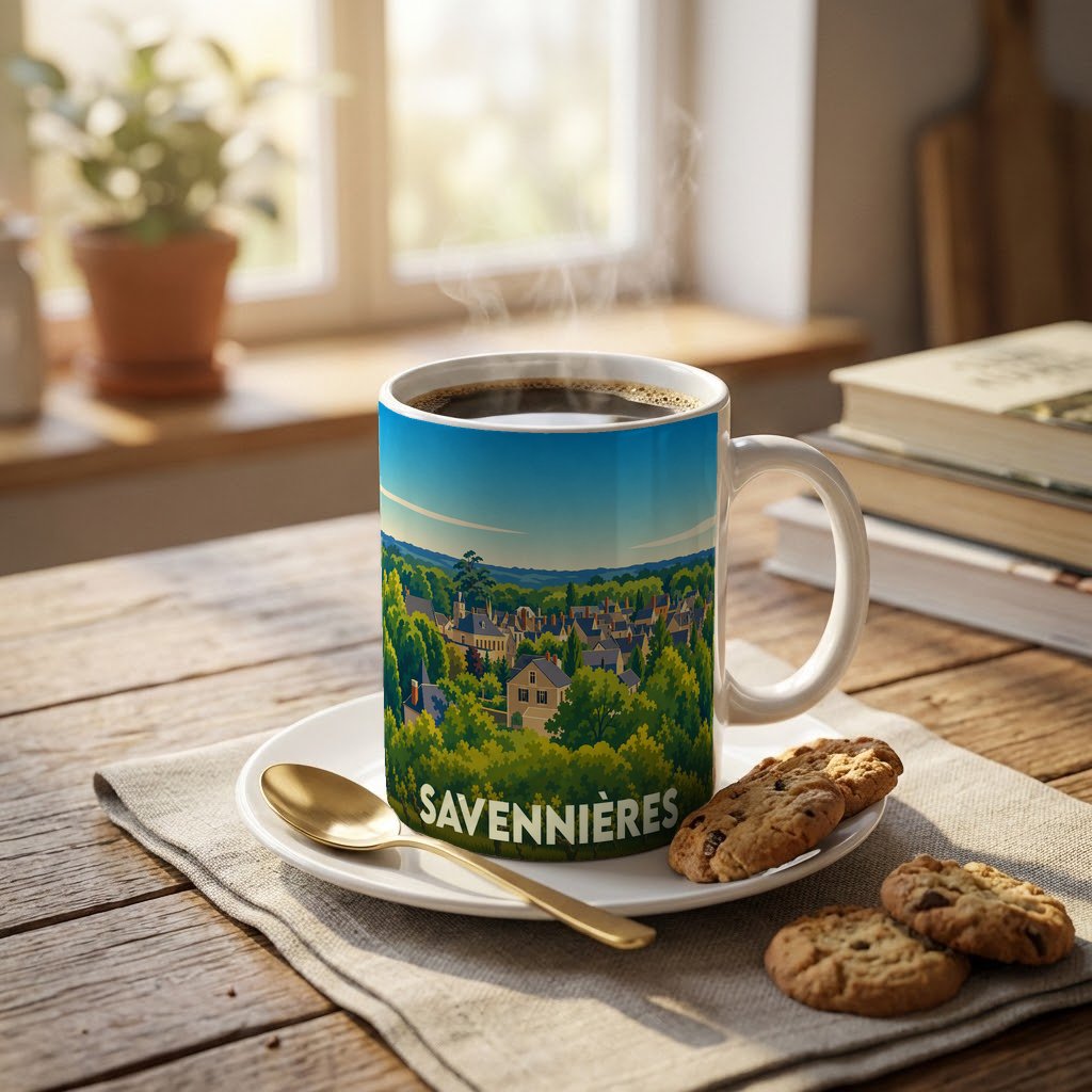 Mug souvenir de la ville de Savennières illustré d'un paysage verdoyant stylisé.