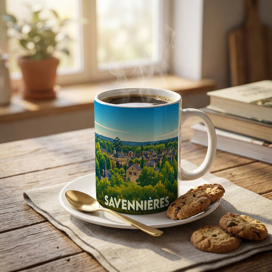 Mug souvenir de la ville de Savennières illustré d'un paysage verdoyant stylisé.