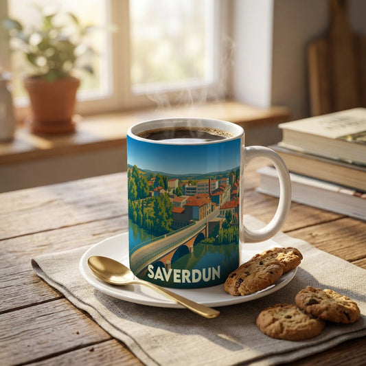 Mug souvenir de la ville de Saverdun orné d'une illustration stylisée de son pont et ses maisons au bord de l'eau.