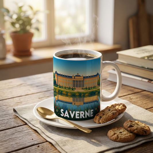 Mug souvenir de la ville de Saverne avec une illustration stylisée.