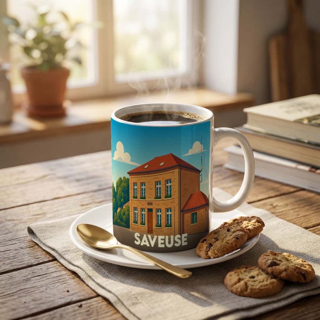 Mug souvenir de la ville de Saveuse avec une illustration stylisée d'un bâtiment typique.