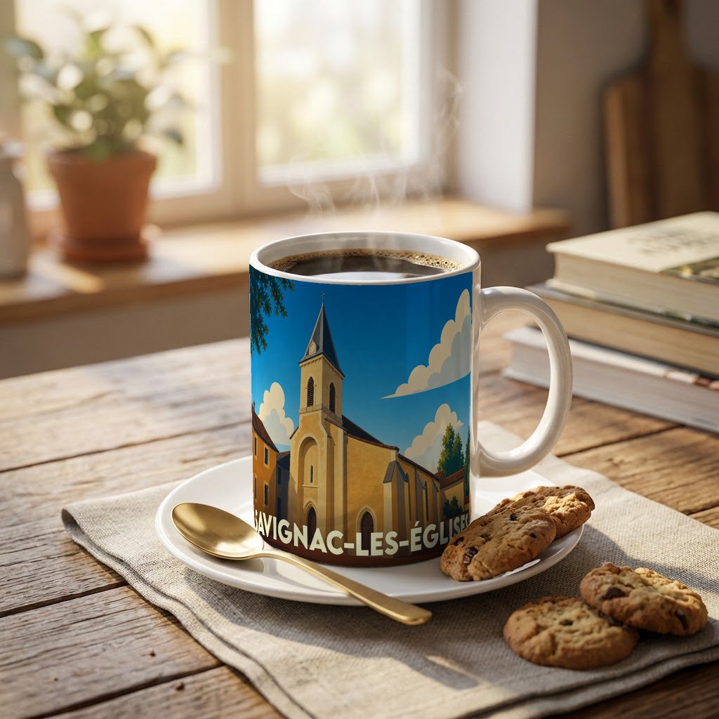 Mug souvenir de la ville de Savignac-les-Églises avec une illustration stylisée d'une église.