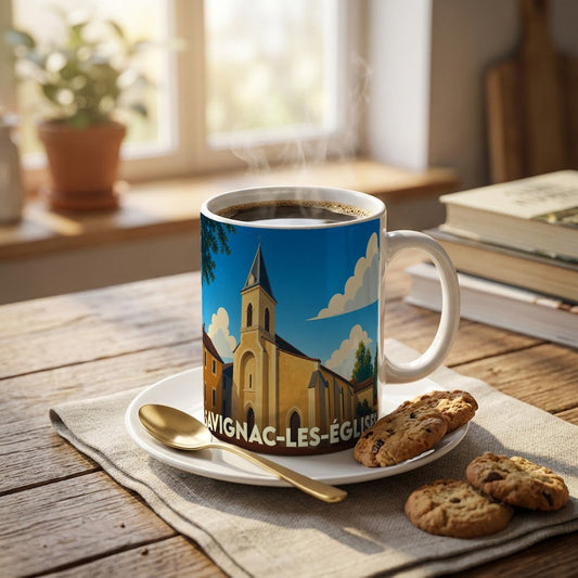 Mug souvenir de la ville de Savignac-les-Églises avec une illustration stylisée d'une église.