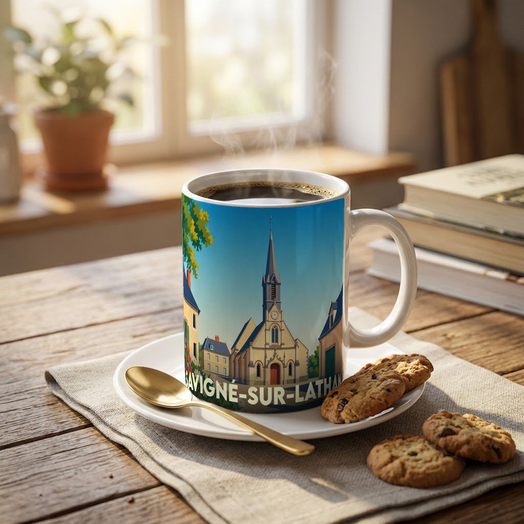 Mug souvenir de la ville de Savigné-sur-Lathan illustré d'un dessin stylisé de son église.