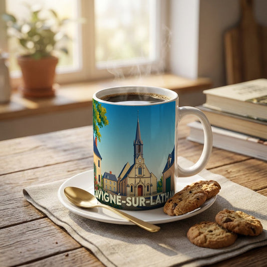 Mug souvenir de la ville de Savigné-sur-Lathan illustré d'un dessin stylisé de son église.