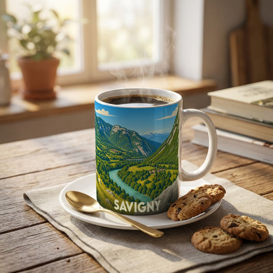 Mug souvenir de la ville de Savigny illustré d'un paysage montagneux stylisé.