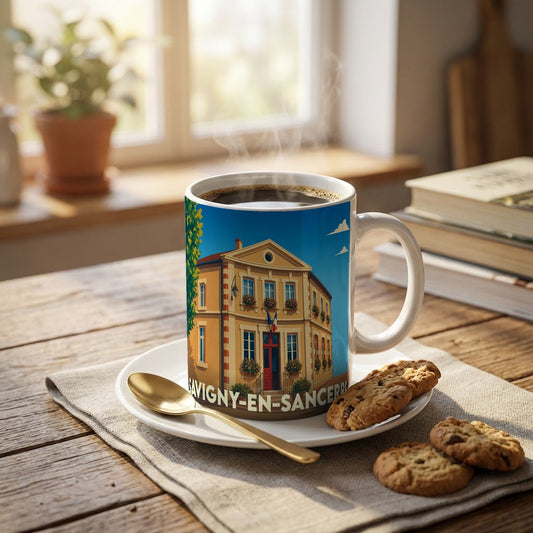 Mug souvenir de Savigny-en-Sancerre illustré d'un bâtiment typique sous un ciel bleu, accompagné de biscuits sur une table en bois.