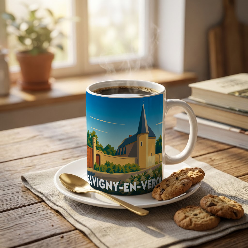Mug souvenir de la ville de Savigny-en-Véron avec une illustration stylisée de son architecture.